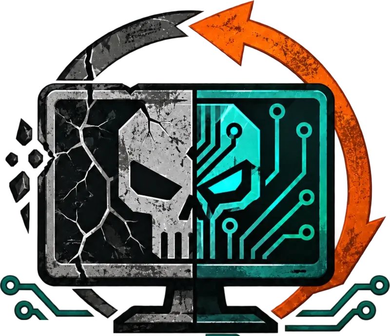 Dead Tech Recovery emblem: a cracked monitor with a half skull, half circuit-board face inside a recycling arrow